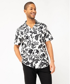 GEMO Chemise manches courtes avec col cubain à motif tropical homme Blanc