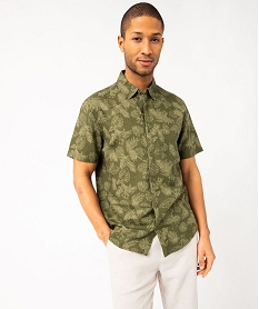 chemise a manches courtes imprimee a motif feuillage en lin et coton homme vertE564701_1