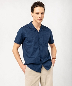 chemise manches courtes col cubain imprime feuillage en relief homme bleuE565101_1