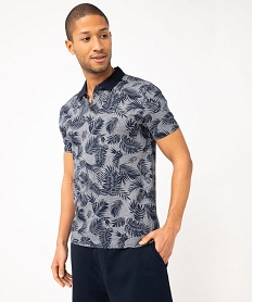 GEMO Polo manches courtes à fines rayures et motif feuillage homme Bleu