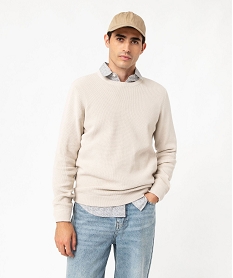 GEMO Pull col rond en coton uni homme Beige