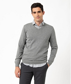 pull homme a col v en coton fin gris pullsE574301_1