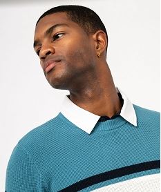 pull a col rond en coton a rayures homme bleu pullsE575401_2