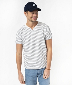 GEMO Tee-shirt manches courtes col fantaisie à rayures jacquard homme Blanc