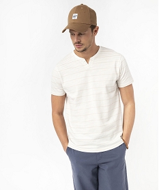 GEMO Tee-shirt manches courtes à rayures et col fantaisie homme blanc standard