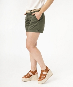 GEMO Short chino en stretch avec ceinture tressée dorée femme kaki standard