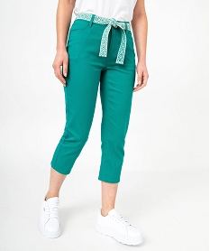 pantacourt slim taille haute en coton stretch avec ceinture a nouer femme vert pantacourtsE601001_1