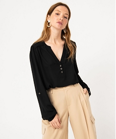 blouse unie avec col v boutonne femme noir chemisiersE609601_2