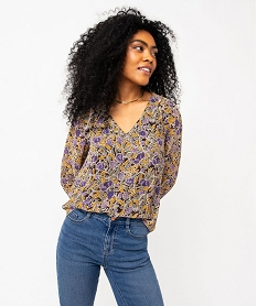 GEMO Blouse à manches longues en voile à motifs fleuris femme Brun