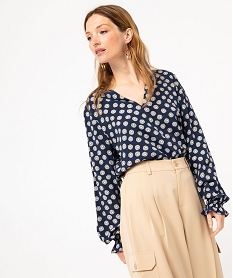 blouse imprimee a col v et poignets fronces femme bleuE614001_1