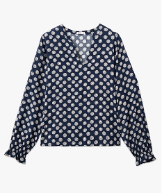 blouse imprimee a col v et poignets fronces femme bleuE614001_4