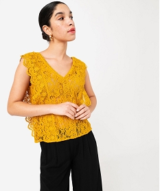 GEMO Blouse sans manches encolure V en dentelle et crochet femme Jaune