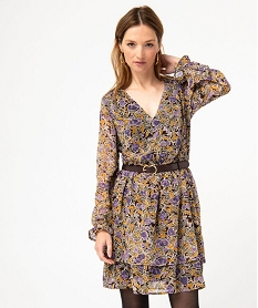 GEMO Robe en voile à motifs fleuris avec ceinture femme Brun