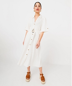 GEMO Robe chemise longue à manches courtes en lin et viscose femme blanc chine
