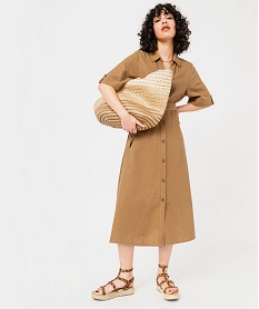 GEMO Robe chemise longue à manches courtes en lin et viscose femme marron vif
