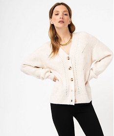GEMO Gilet col V en maille ajourée femme blanc chine