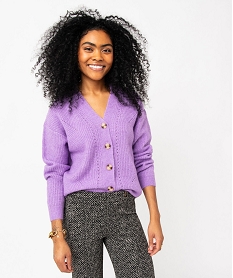 gilet col v en maille ajouree femme violet giletsE623601_1