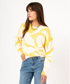 pull en maille duveteuse imprimee femme jaune pullsE625801_1