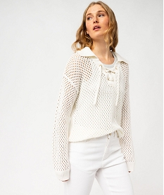 pull en maille ajouree avec col a lacets femme beige pullsE627301_1