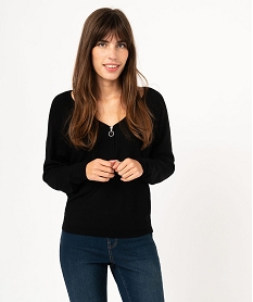 GEMO Pull fin à col V zippé manches chauve-souris femme noir standard