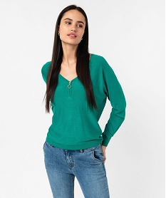 GEMO Pull fin à col V zippé manches chauve-souris femme vert standard