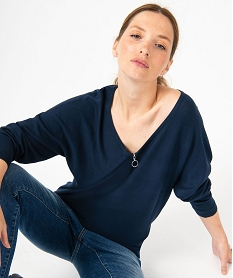GEMO Pull fin à col V zippé manches chauve-souris femme bleu standard