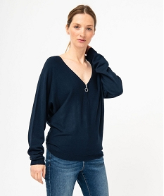 pull fin a col v zippe manches chauve-souris femme bleuE628301_2