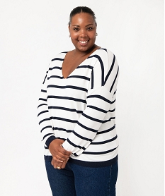 pull fin a col v raye femme grande taille blanc pullsE628501_1