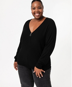 pull col v zippe avec manches chauve-souris femme grande taille noirE628901_1