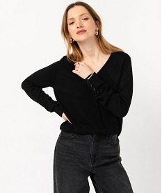 pull fin a col v avec boutons aux poignets femme noir pullsE629101_1