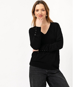 pull fin a col v avec boutons aux poignets femme noirE629101_2