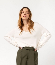 GEMO Pull fin à col V avec boutons aux poignets femme Beige