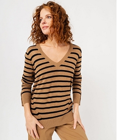 pull raye a col v avec boutons aux poignets femme beige pullsE629301_2