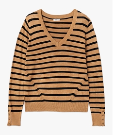pull raye a col v avec boutons aux poignets femme beige pullsE629301_4