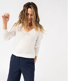 GEMO Pull col V en maille ajourée femme blanc chine
