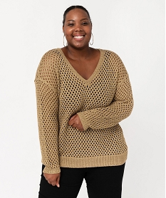 pull ajoure col v en maille scintillante femme grande taille jauneE629701_2