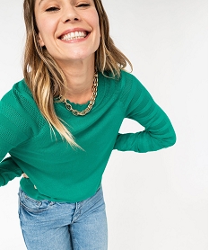 pull fin avec manches en maille fantaisie femme vert pullsE630301_4