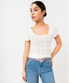 GEMO Pull manches courtes dété en maille ajourée et col carré femme Beige