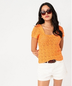 pull manches courtes en maille ajouree et col carre femme orangeE630601_1