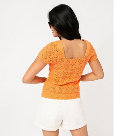 pull manches courtes en maille ajouree et col carre femme orange pullsE630601_3