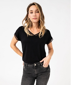 GEMO Tee-shirt à manches courtes et col V en dentelle coupe loose femme noir standard