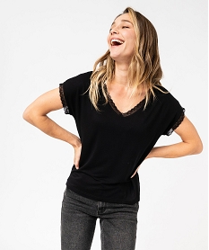 tee-shirt a manches courtes et col v en dentelle coupe loose femme noir standard t-shirts manches courtesE634301_4