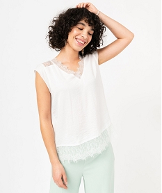 GEMO Tee-shirt sans manches multimatière à dentelle femme blanc chine