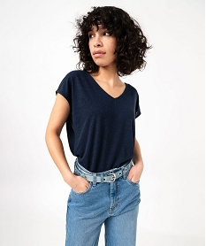 GEMO Tee-shrit manches courtes loose en lin femme Bleu