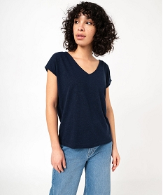 tee-shirt manches courtes coupe loose en lin femme navy t-shirts manches courtesE638601_2