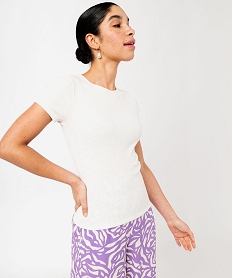GEMO Tee-shirt manches courtes en maille côtelée femme blanc chine