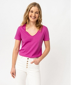 GEMO Tee-shirt à manches courtes avec col V roulotté femme rose vif