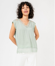 GEMO Tee-shirt sans manches multimatière à dentelle femme Vert