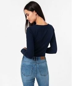 tee-shirt manches longues col tunisien en maille cotelee femme bleu t-shirts manches longuesE640801_3