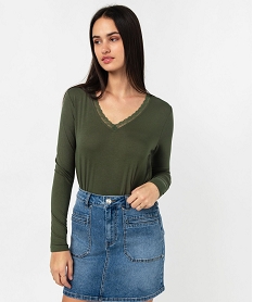 GEMO Tee-shirt à manches longues et col V en dentelle femme kaki standard